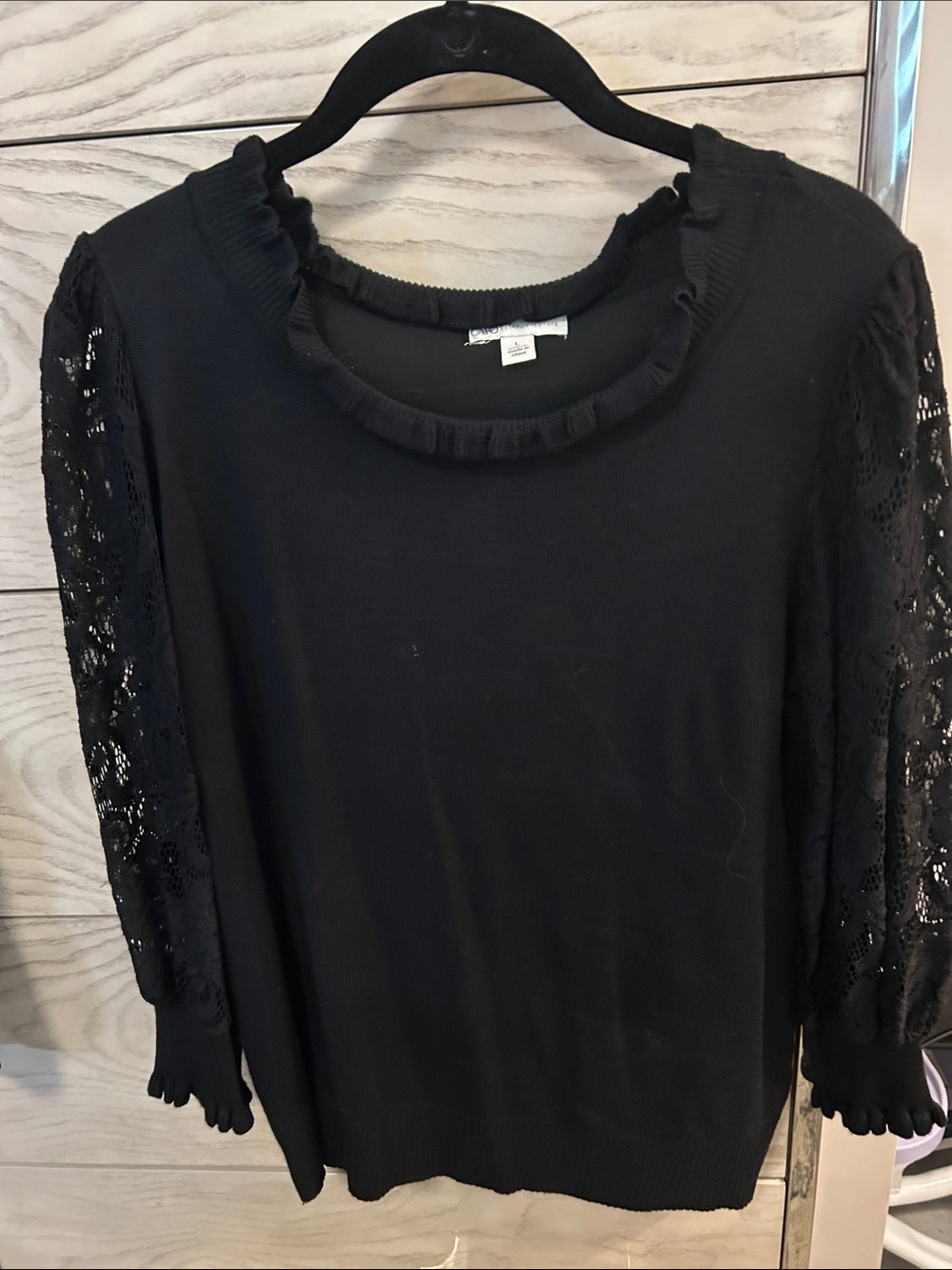 mercer & madison Black Ruffled Neck Knit Top with Lace Sleeves